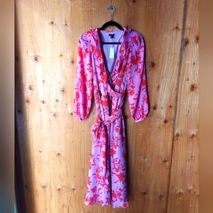 Ann Taylor Purple & Red Orange Floral Patterned Belted Wrap Dress